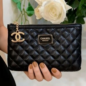 CHANEL Quilted Black Cosmetic Pouch with Gold Logo